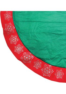 48" Green Christmas Tree Skirt with Red Gemstone Glitter Snowflake Trim