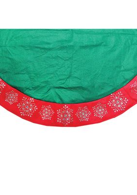 48" Green Christmas Tree Skirt with Red Gemstone Glitter Snowflake Trim