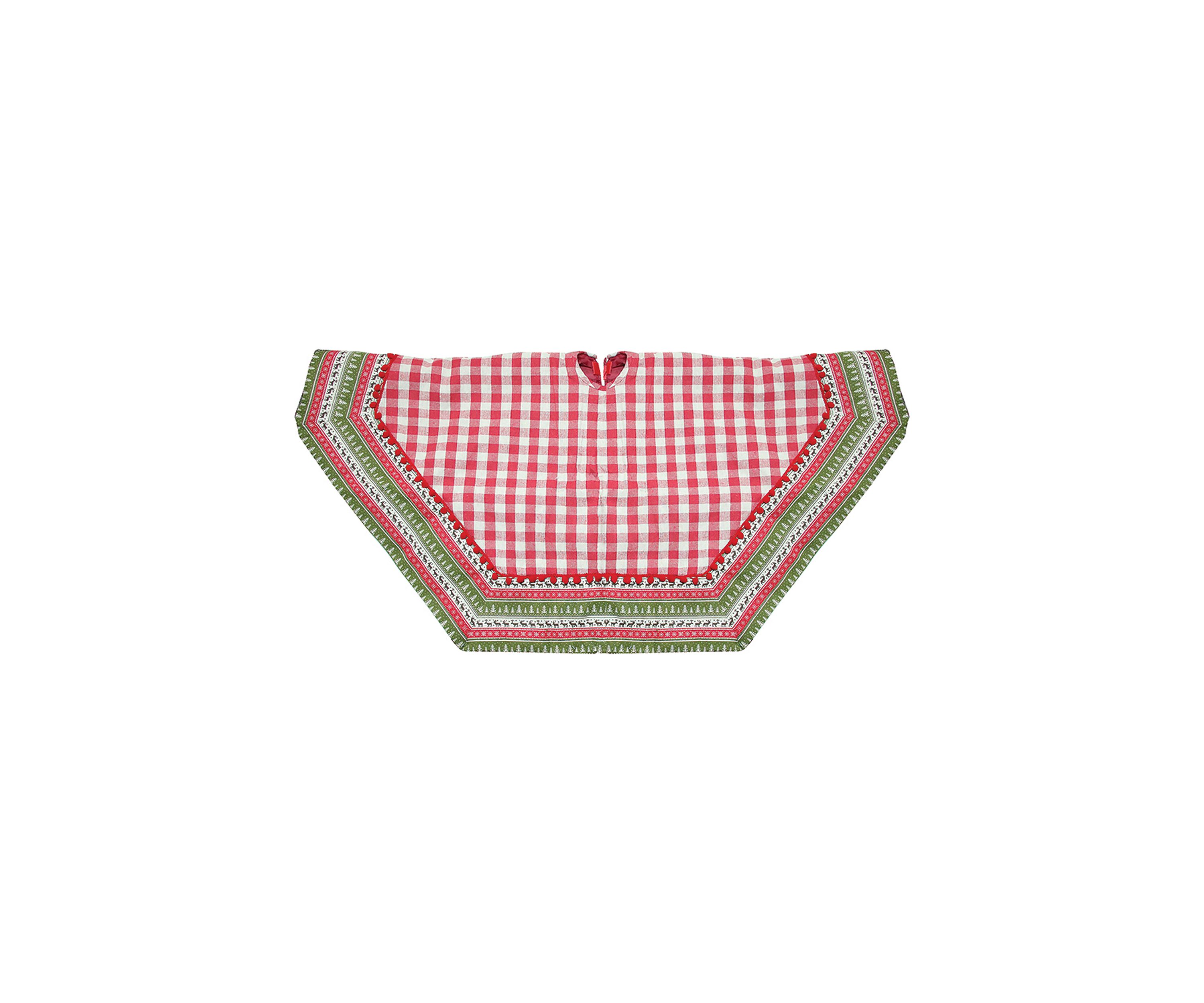 50Inch Red and White Buffalo Plaid Christmas Tree Skirt with Woodland Fair Isle Trim