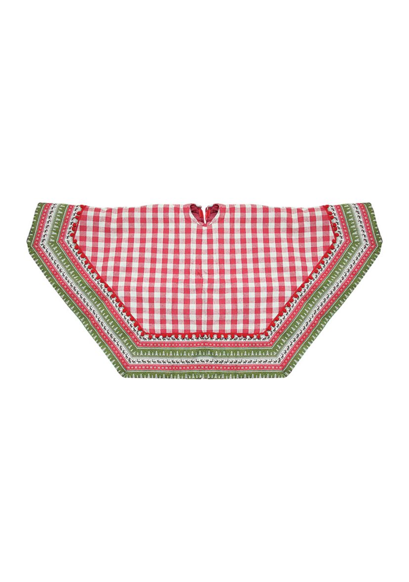 50Inch Red and White Buffalo Plaid Christmas Tree Skirt with Woodland Fair Isle Trim