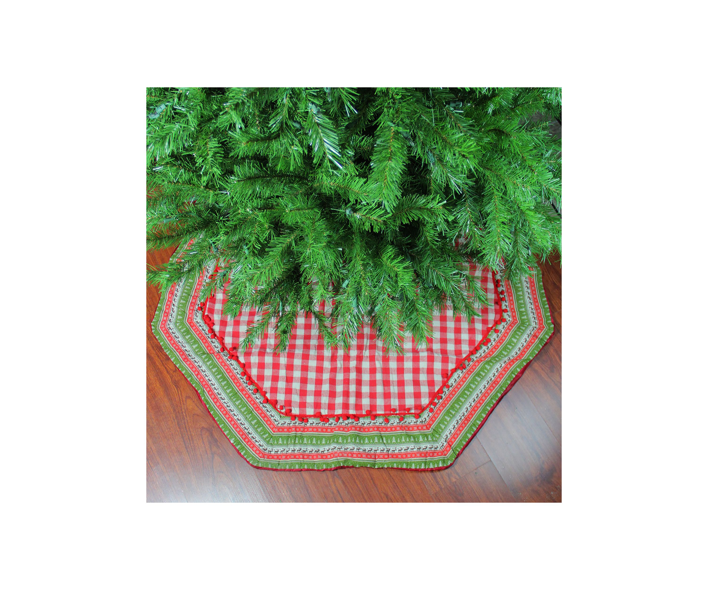 50Inch Red and White Buffalo Plaid Christmas Tree Skirt with Woodland Fair Isle Trim