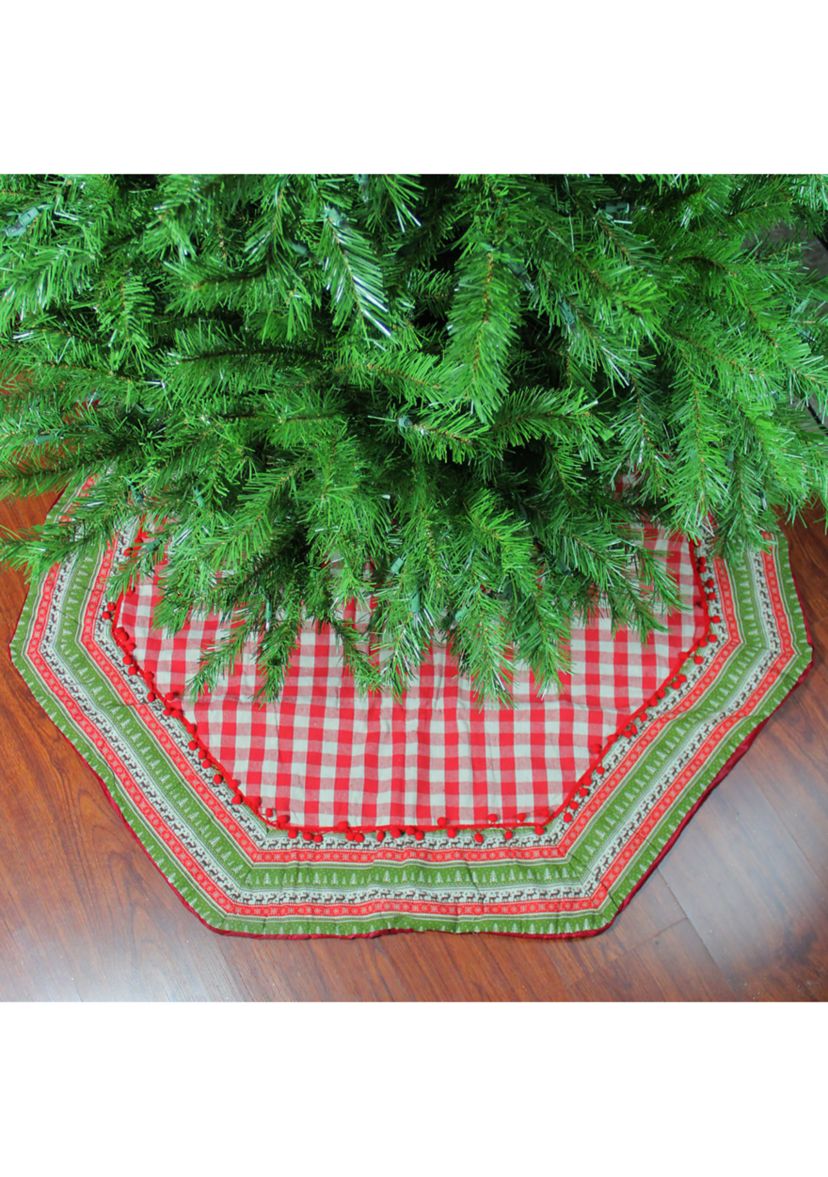 50Inch Red and White Buffalo Plaid Christmas Tree Skirt with Woodland Fair Isle Trim