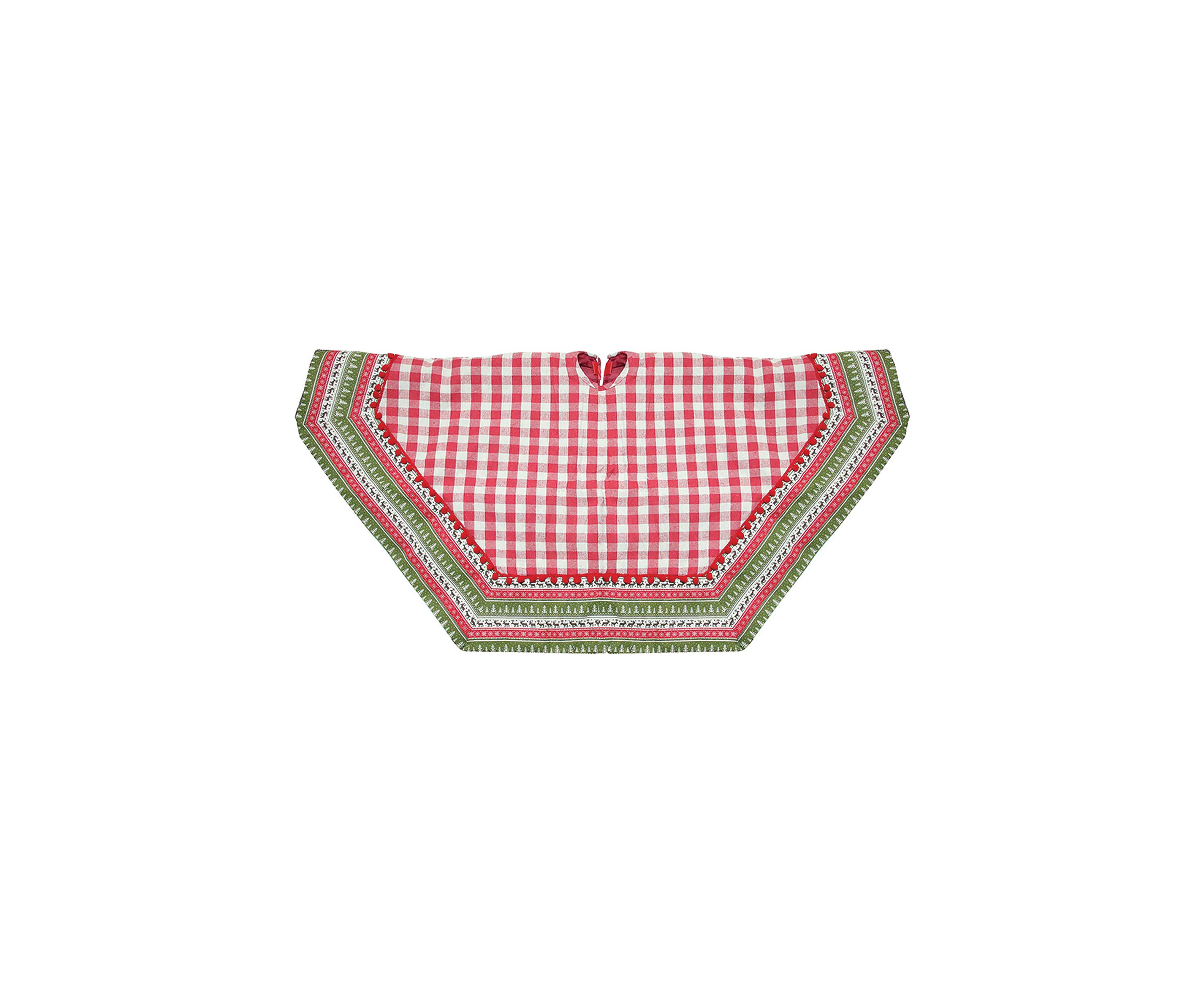 50Inch Red and White Buffalo Plaid Christmas Tree Skirt with Woodland Fair Isle Trim