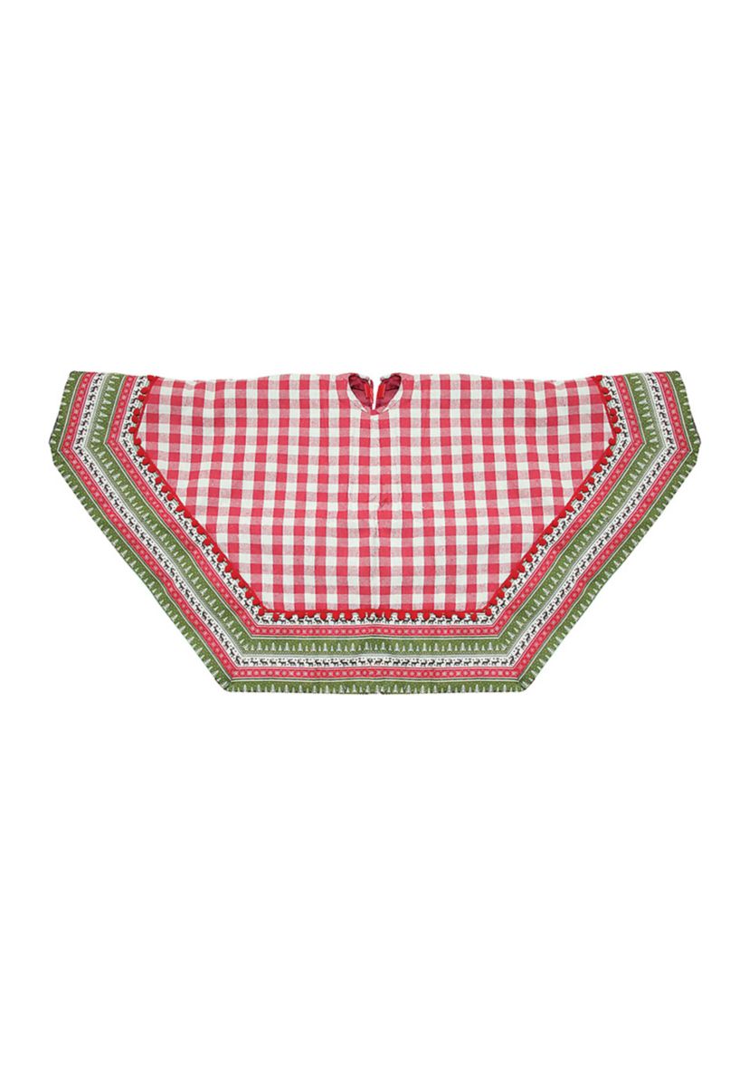 50Inch Red and White Buffalo Plaid Christmas Tree Skirt with Woodland Fair Isle Trim
