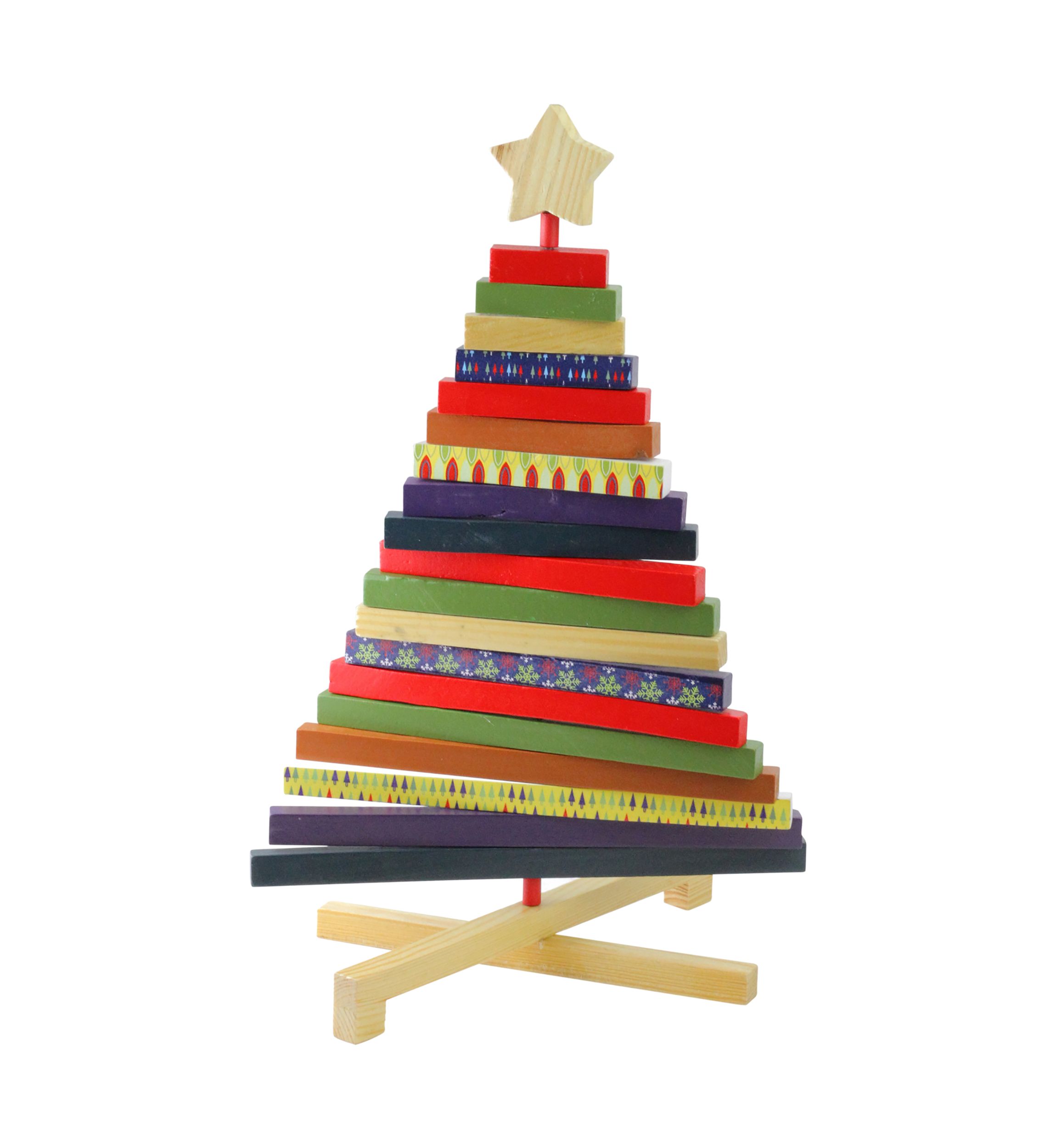 15.5Inch Beige and Red Adjustable Wooden Christmas Tree Tabletop Decor