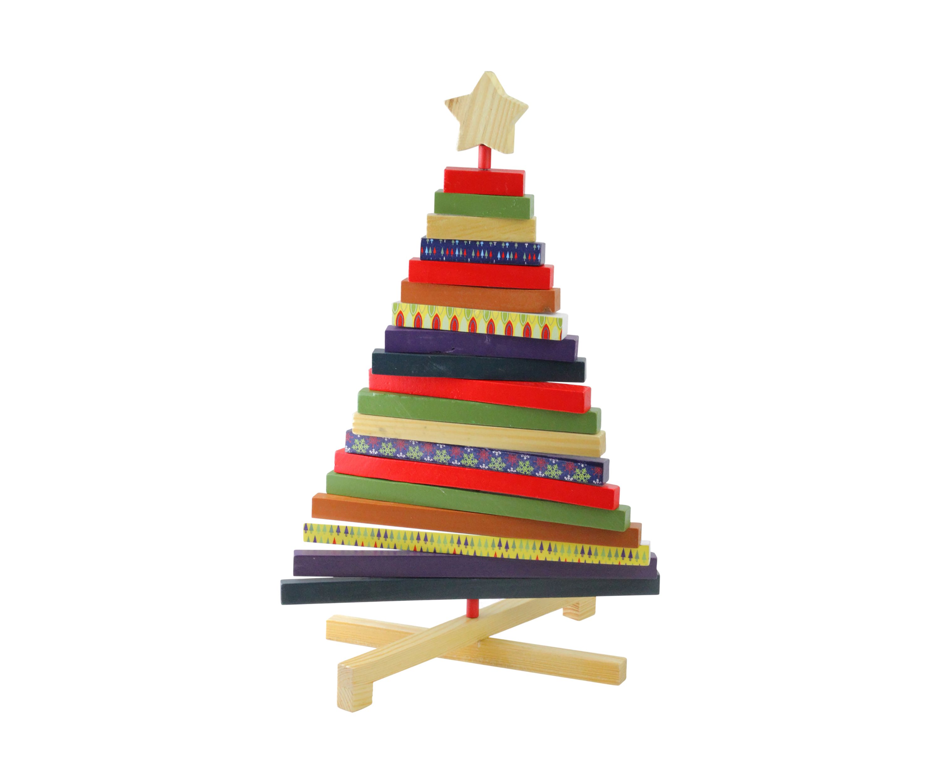 15.5Inch Beige and Red Adjustable Wooden Christmas Tree Tabletop Decor