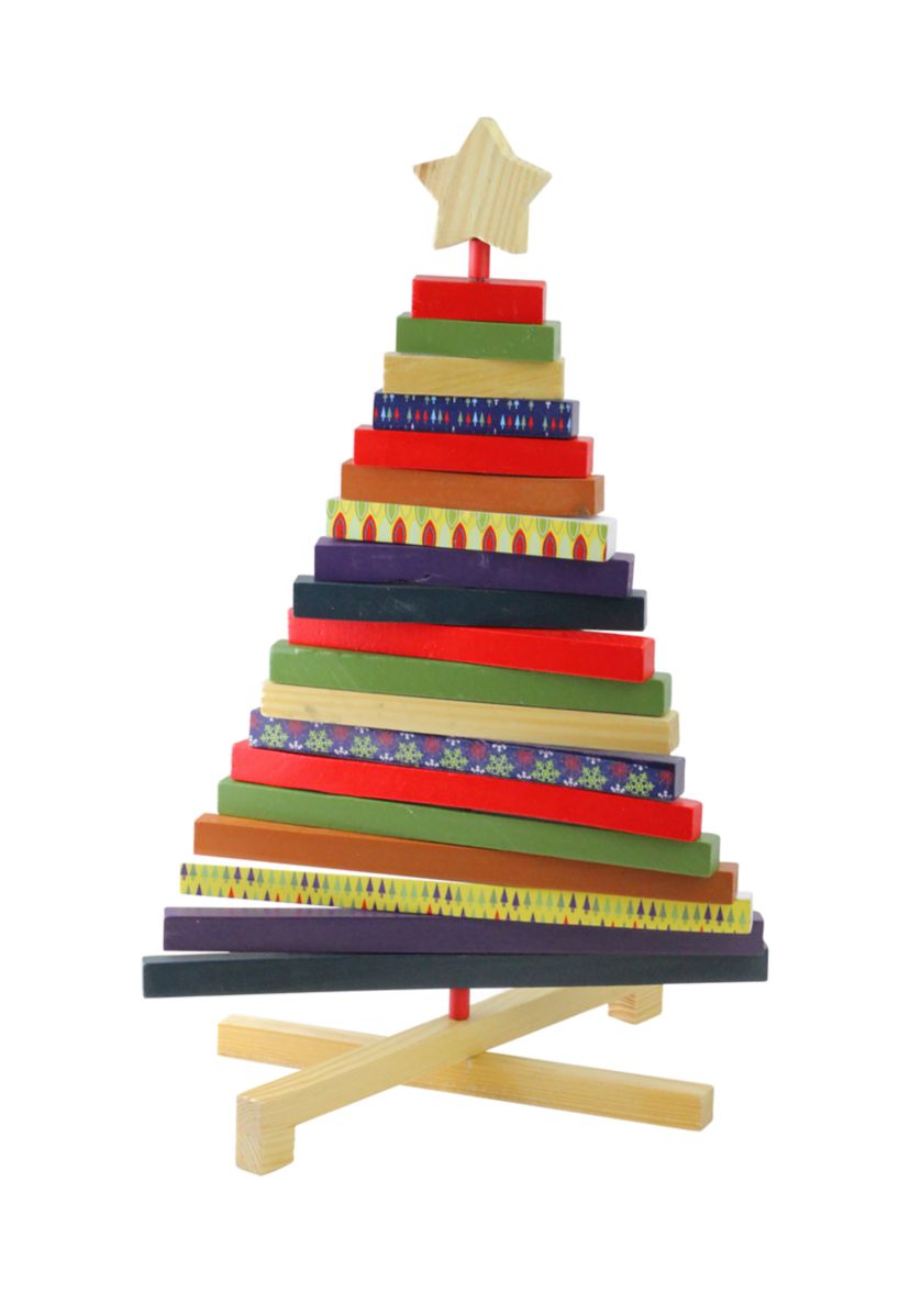 15.5Inch Beige and Red Adjustable Wooden Christmas Tree Tabletop Decor
