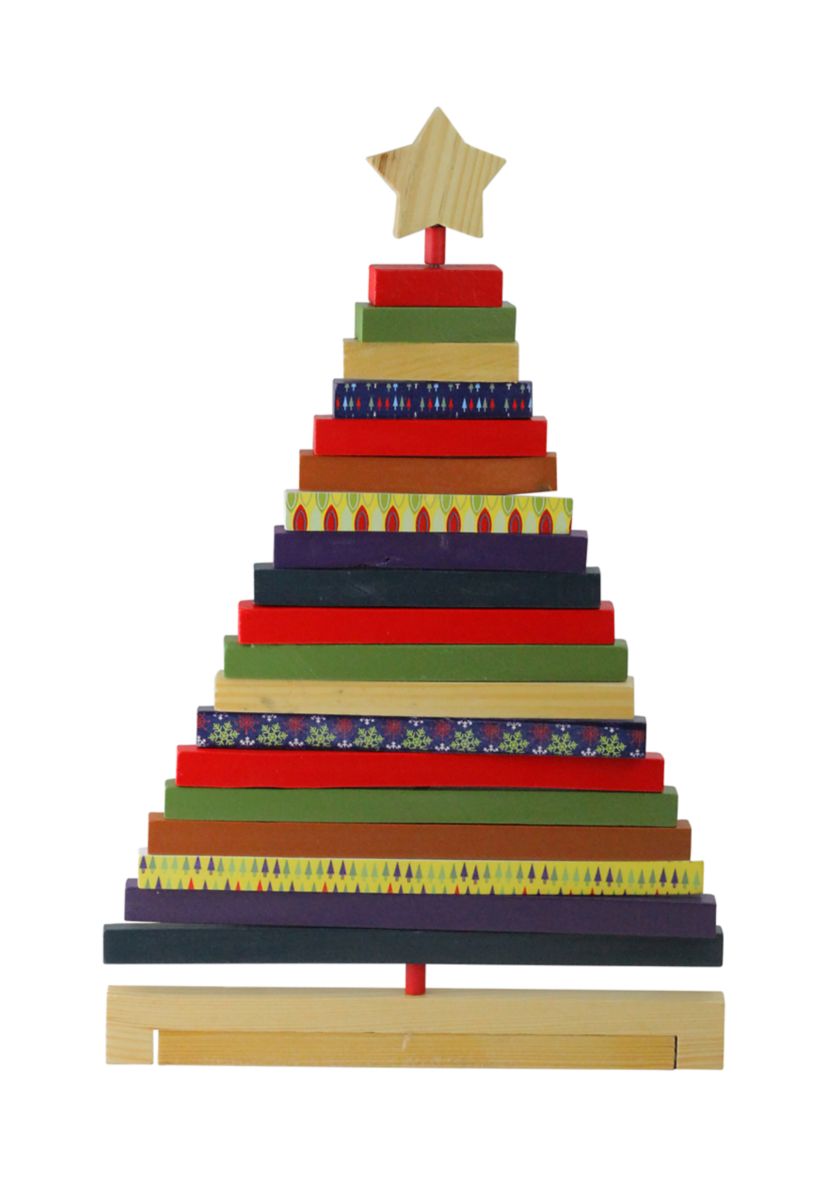 15.5Inch Beige and Red Adjustable Wooden Christmas Tree Tabletop Decor