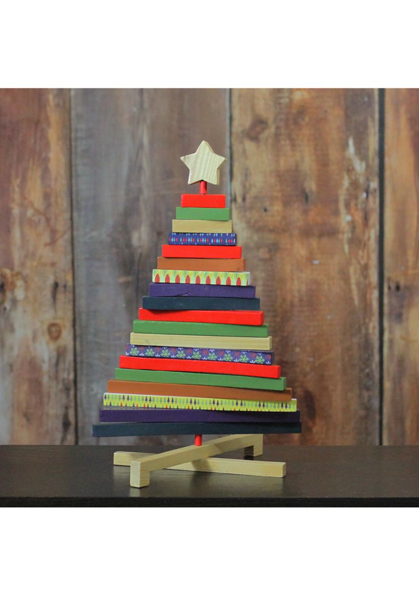 15.5Inch Beige and Red Adjustable Wooden Christmas Tree Tabletop Decor
