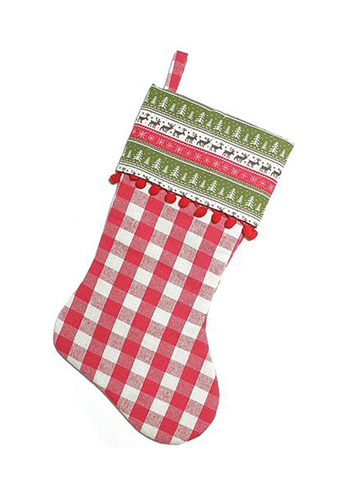 19Inch Red and Green Rustic Plaid Christmas Stocking with Red Pom-Poms and Lodge Cuff