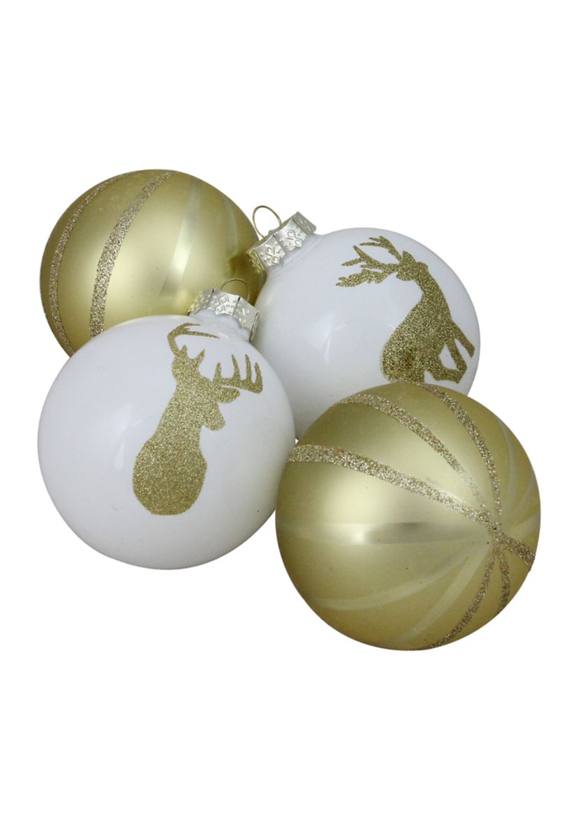 4ct Champagne Gold and White Deer 2-Finish Christmas Ball Ornaments 4.5Inch (110mm)