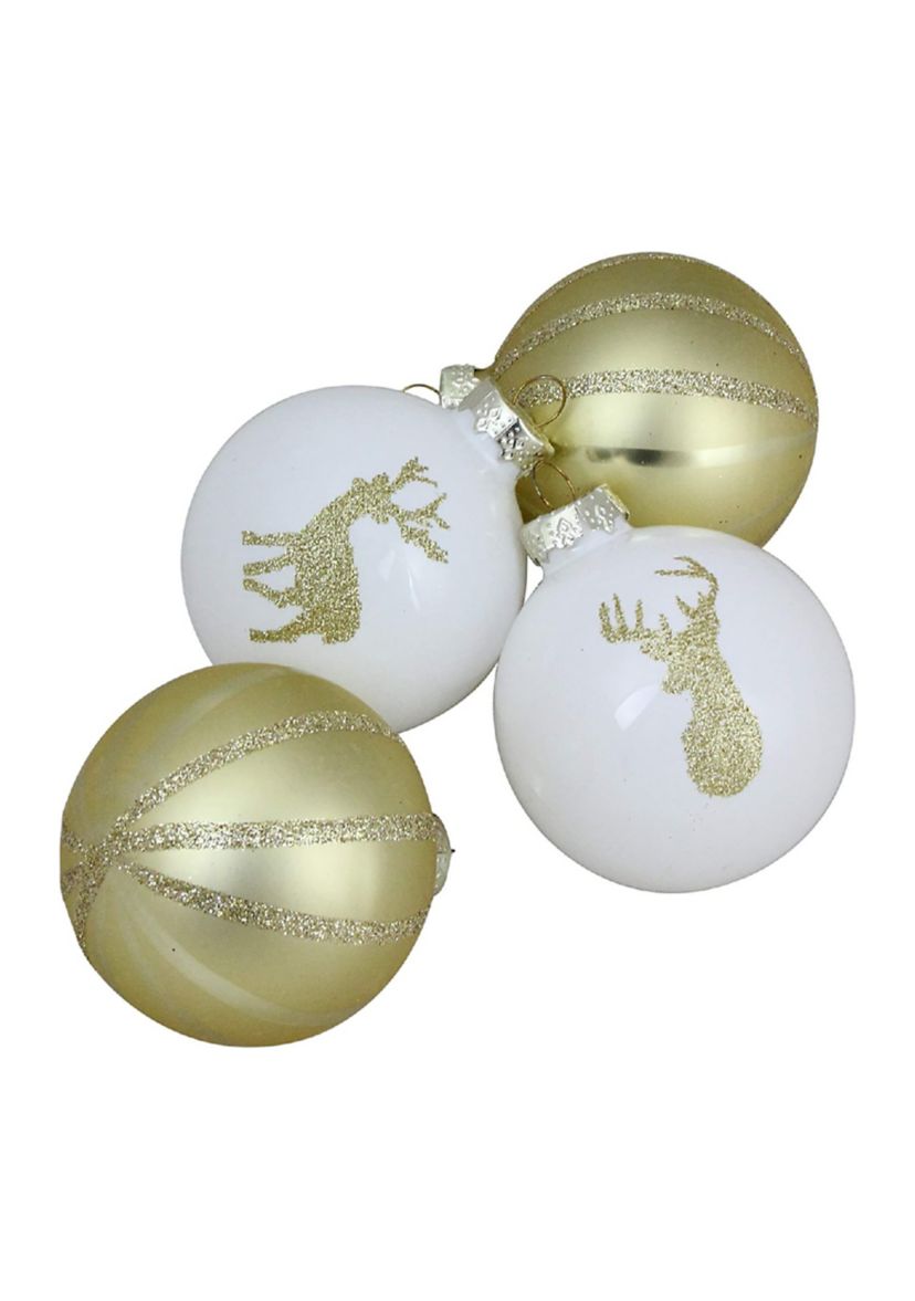 4ct Champagne Gold and White Deer 2-Finish Christmas Ball Ornaments 4.5Inch (110mm)