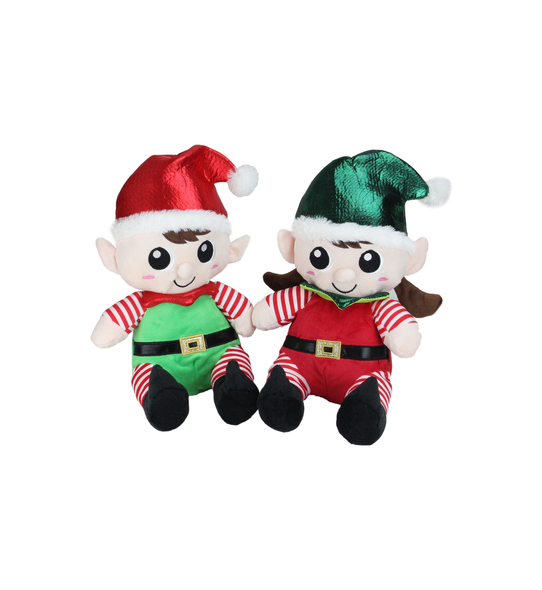 Set of 2 Red Plush Sitting Boy and Girl Christmas Elf Figures - 13 Inch