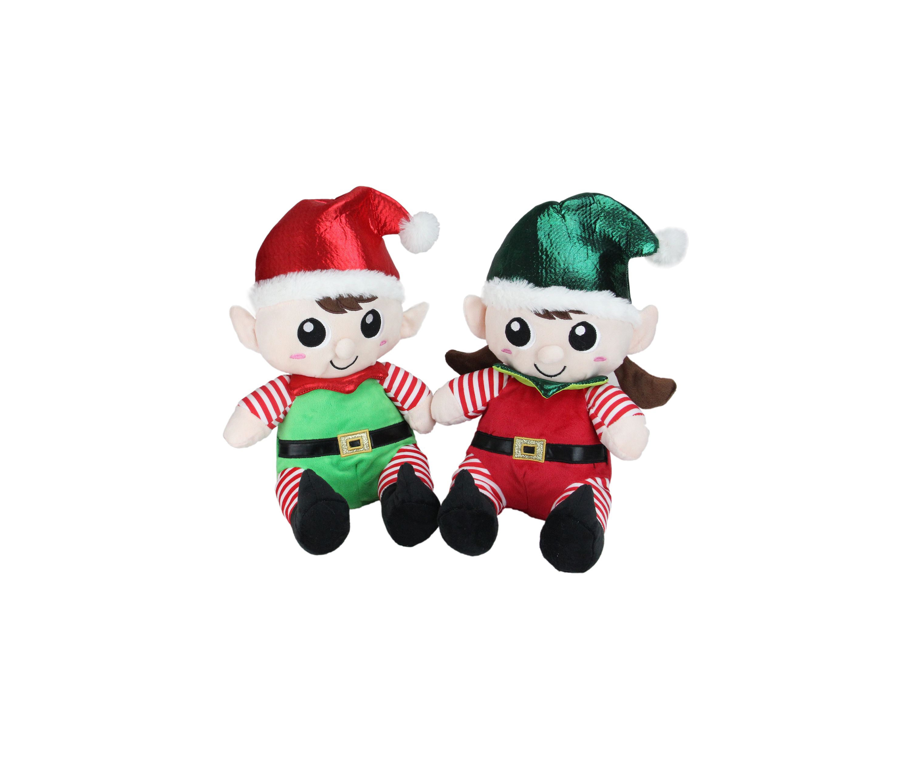 Set of 2 Red Plush Sitting Boy and Girl Christmas Elf Figures - 13 Inch