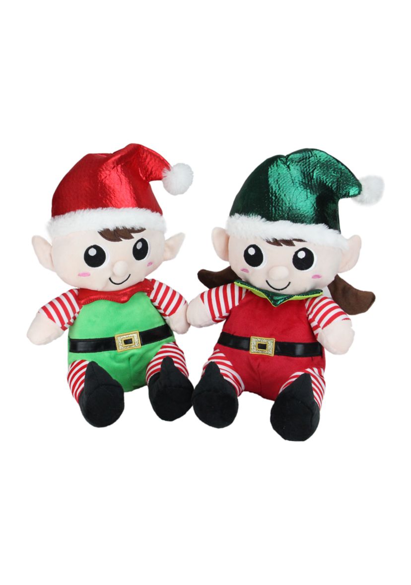 Set of 2 Red Plush Sitting Boy and Girl Christmas Elf Figures - 13 Inch