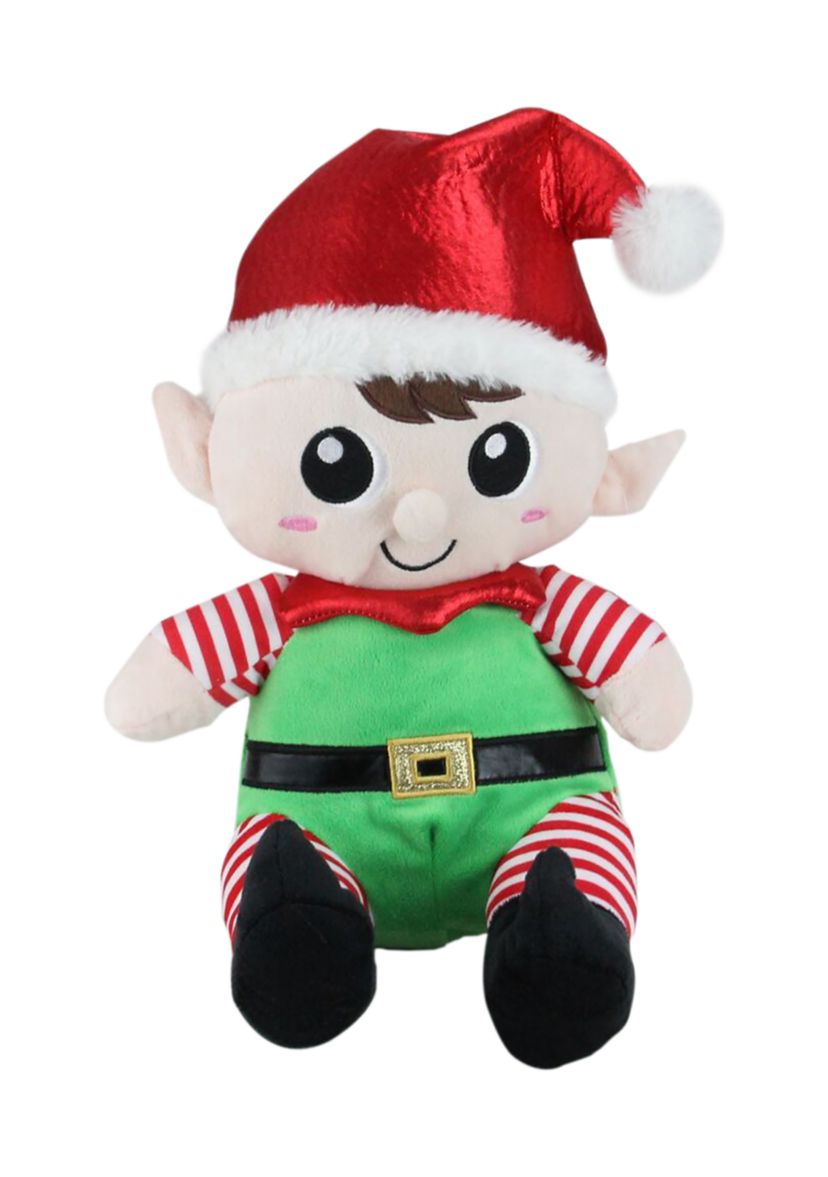 Set of 2 Red Plush Sitting Boy and Girl Christmas Elf Figures - 13 Inch