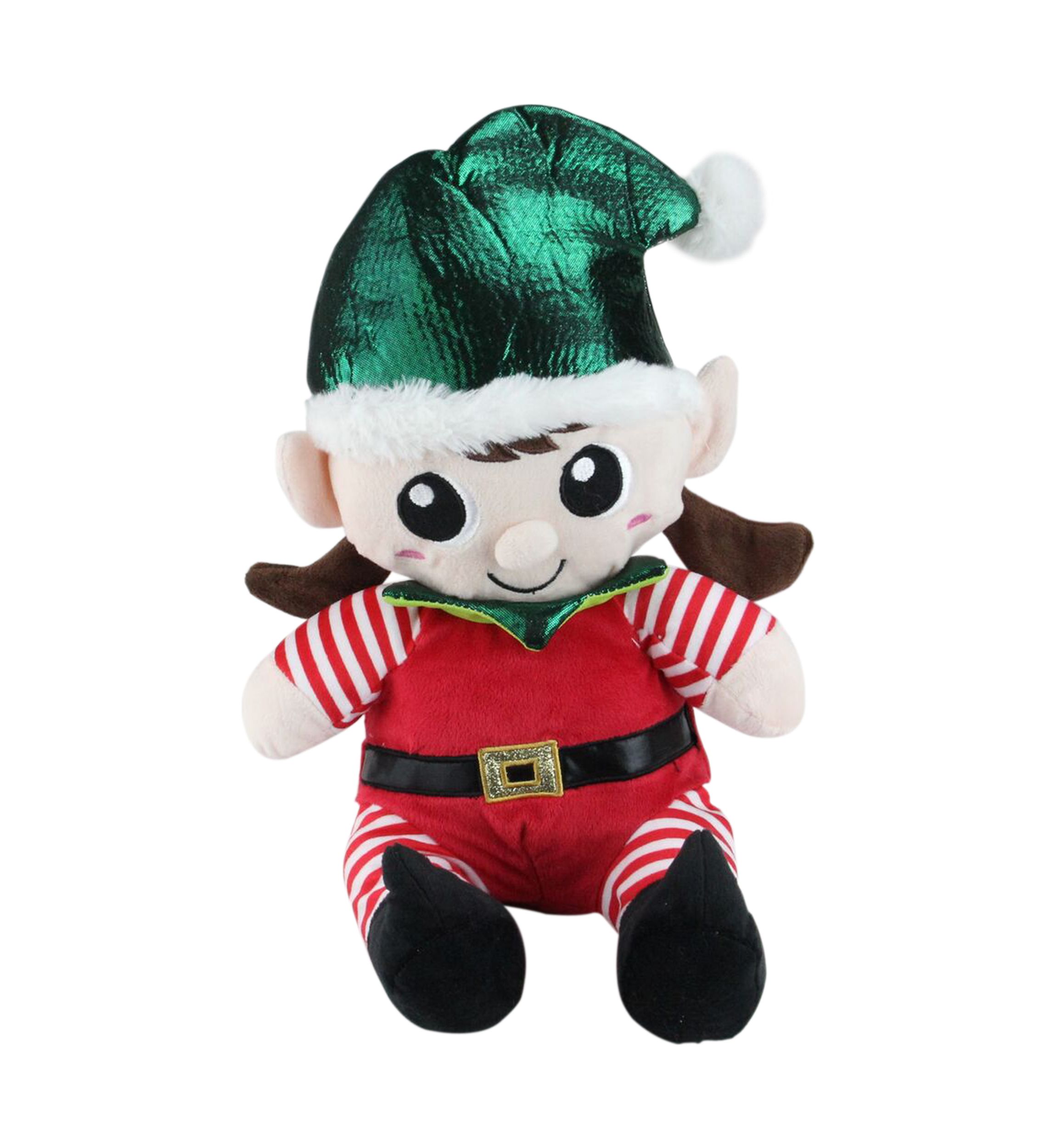 Set of 2 Red Plush Sitting Boy and Girl Christmas Elf Figures - 13 Inch