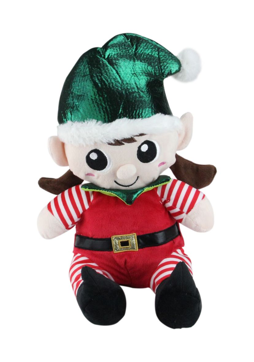 Set of 2 Red Plush Sitting Boy and Girl Christmas Elf Figures - 13 Inch