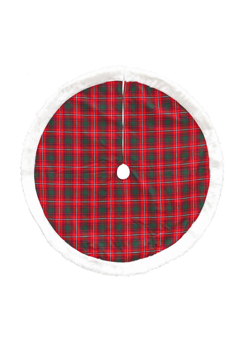 48Inch Red and White Plaid Border Christmas Tree Skirt