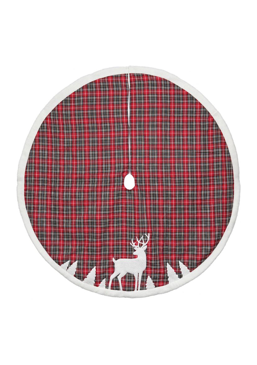 48" Red and Black Plaid Reindeer Christmas Tree Skirt