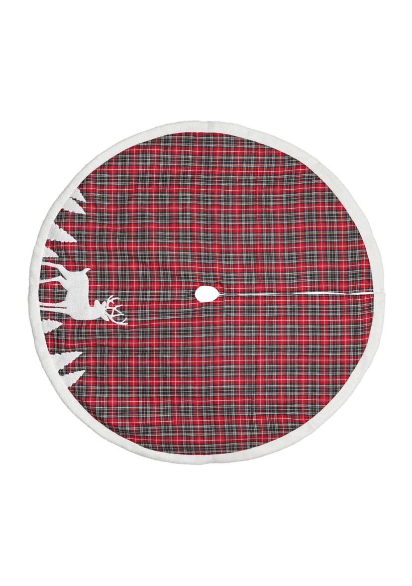 48" Red and Black Plaid Reindeer Christmas Tree Skirt