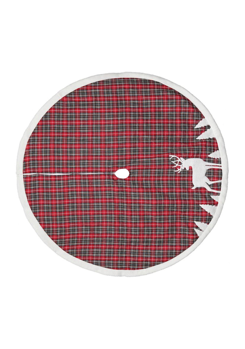 48" Red and Black Plaid Reindeer Christmas Tree Skirt