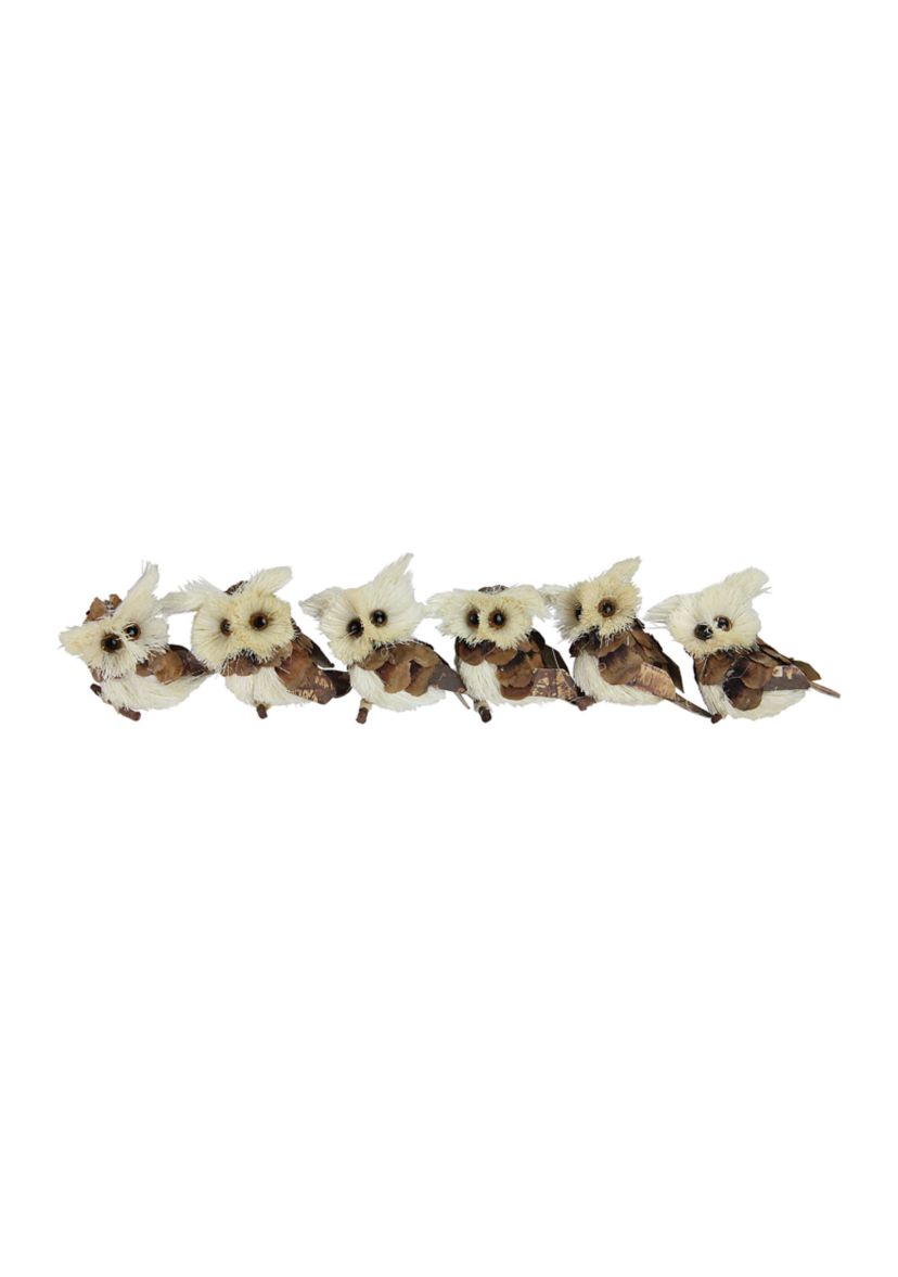 Set of 6 Brown and Ivory Sisal Owls Christmas Ornaments  2.25Inch