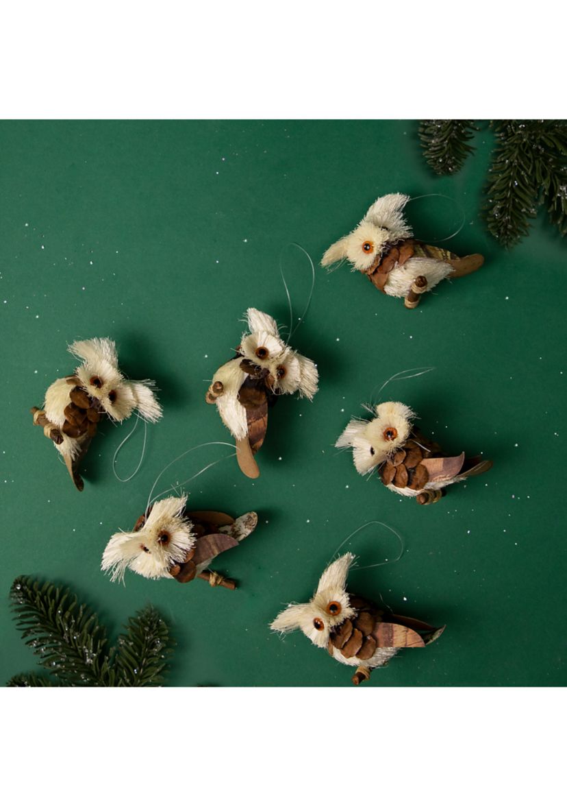 Set of 6 Brown and Ivory Sisal Owls Christmas Ornaments  2.25Inch