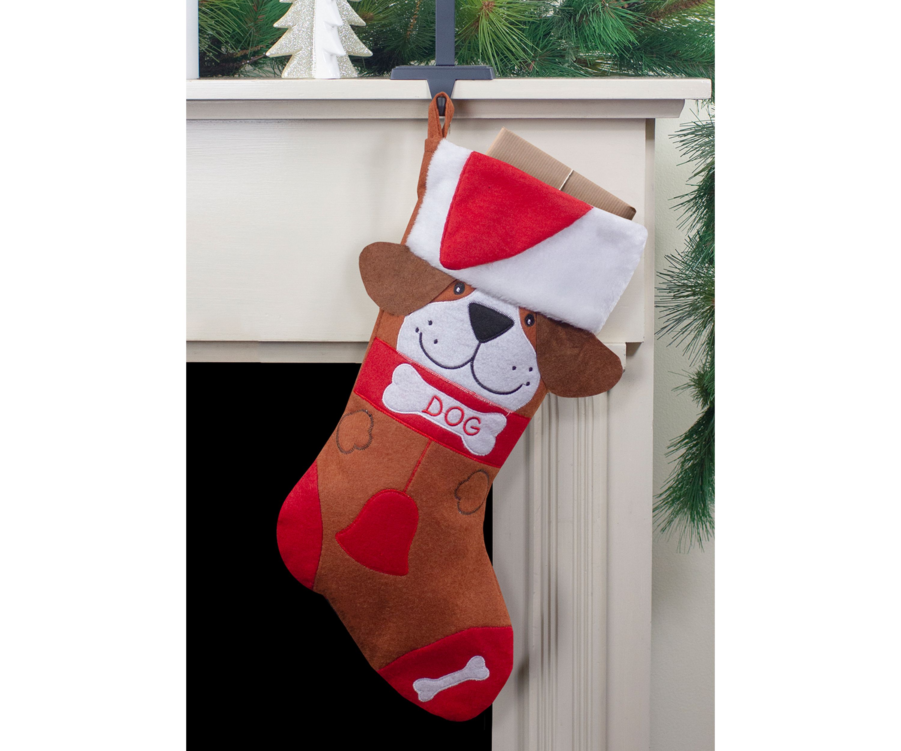 17Inch Red and Brown InchDOGInch Embroidered Christmas Stocking with Cuff