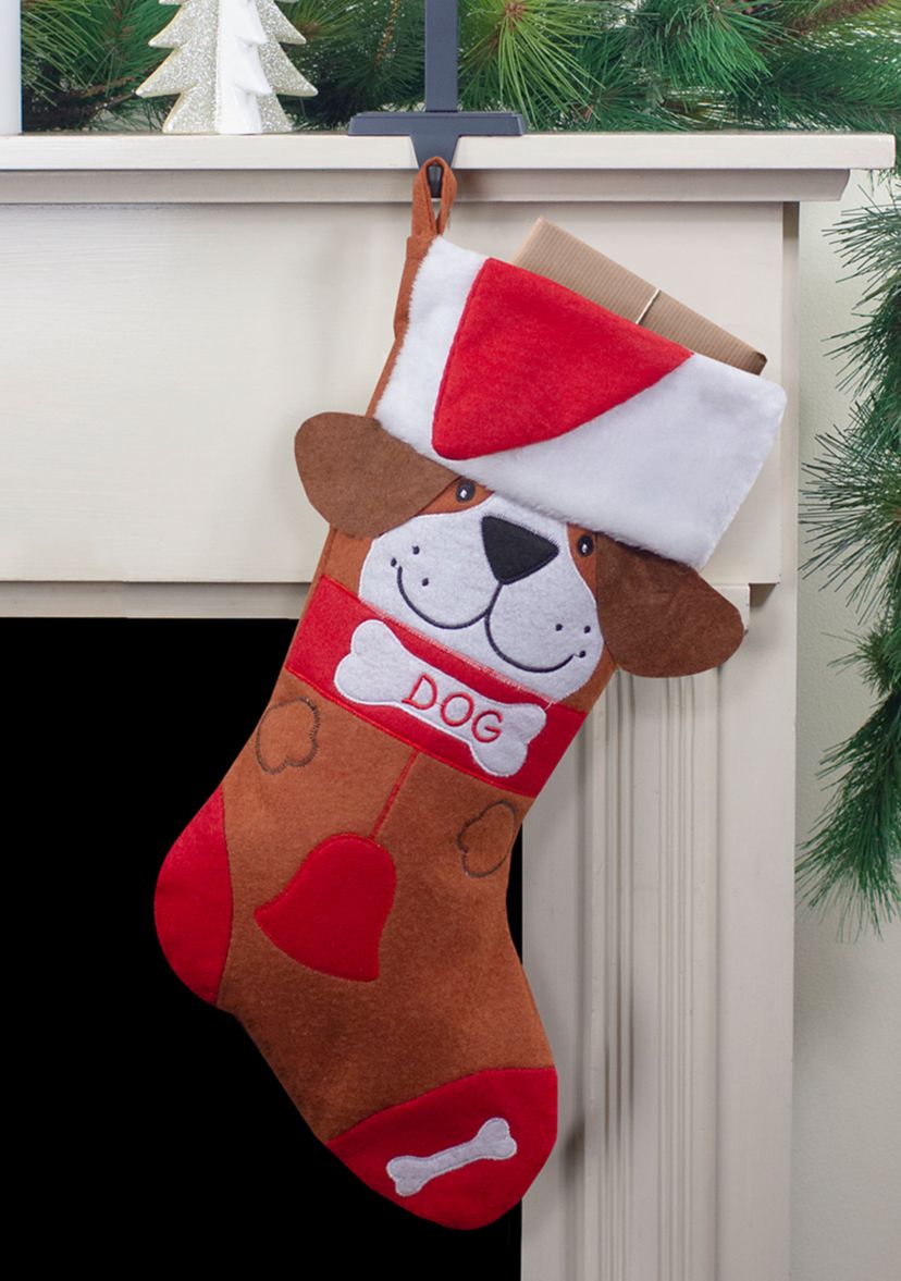 17Inch Red and Brown InchDOGInch Embroidered Christmas Stocking with Cuff