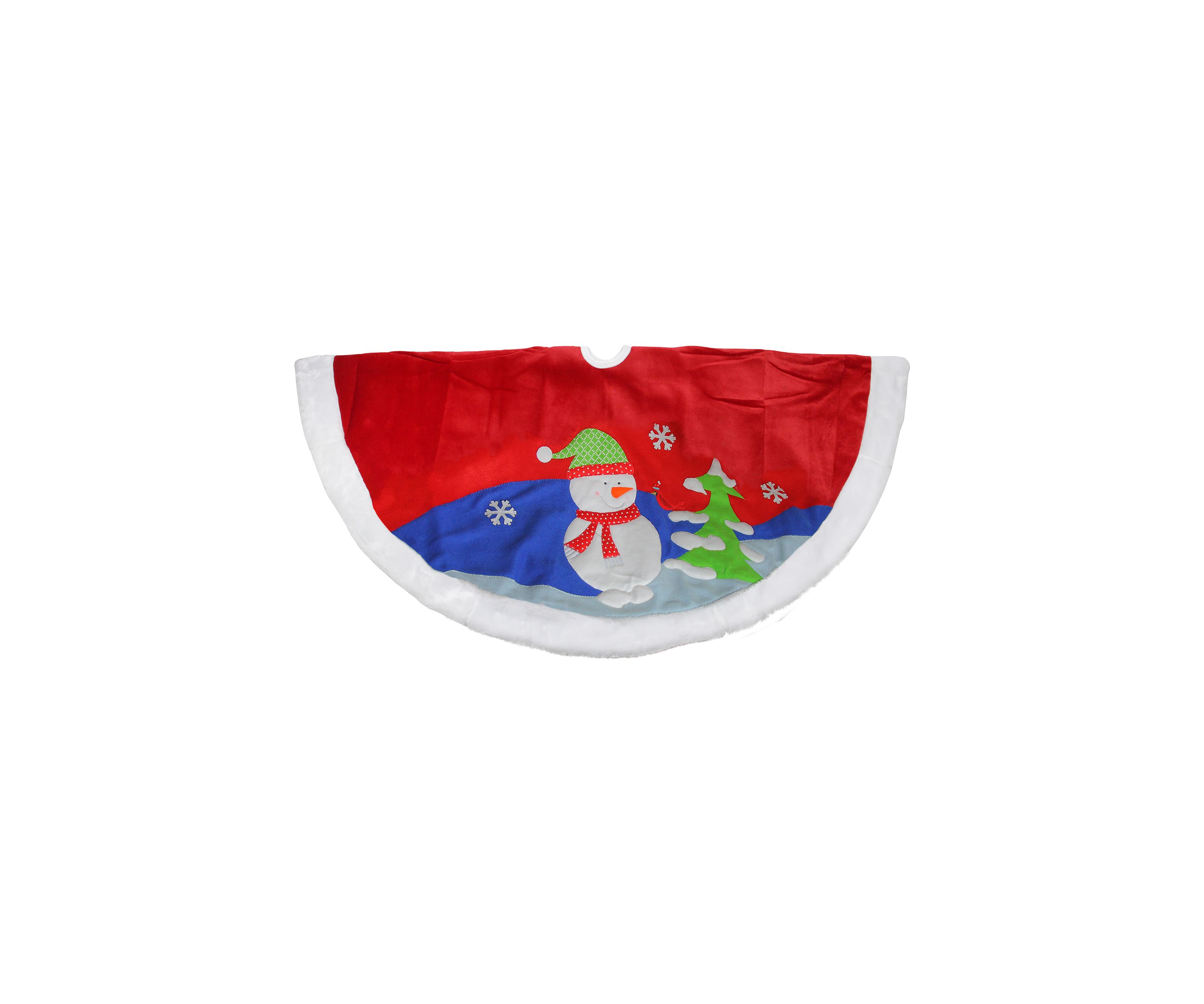 48Inch Red Fleece Christmas Snowman Winter Tree Skirt with White Faux Fur Trim
