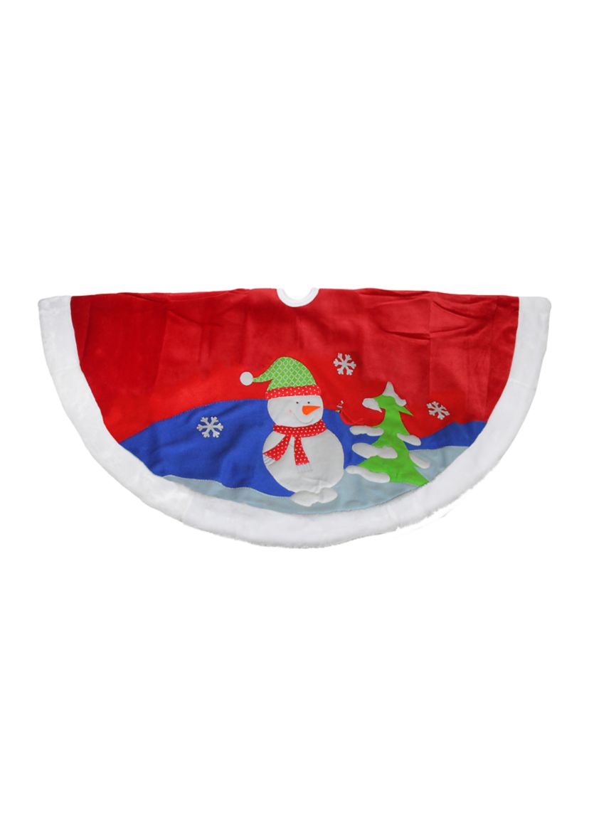 48Inch Red Fleece Christmas Snowman Winter Tree Skirt with White Faux Fur Trim