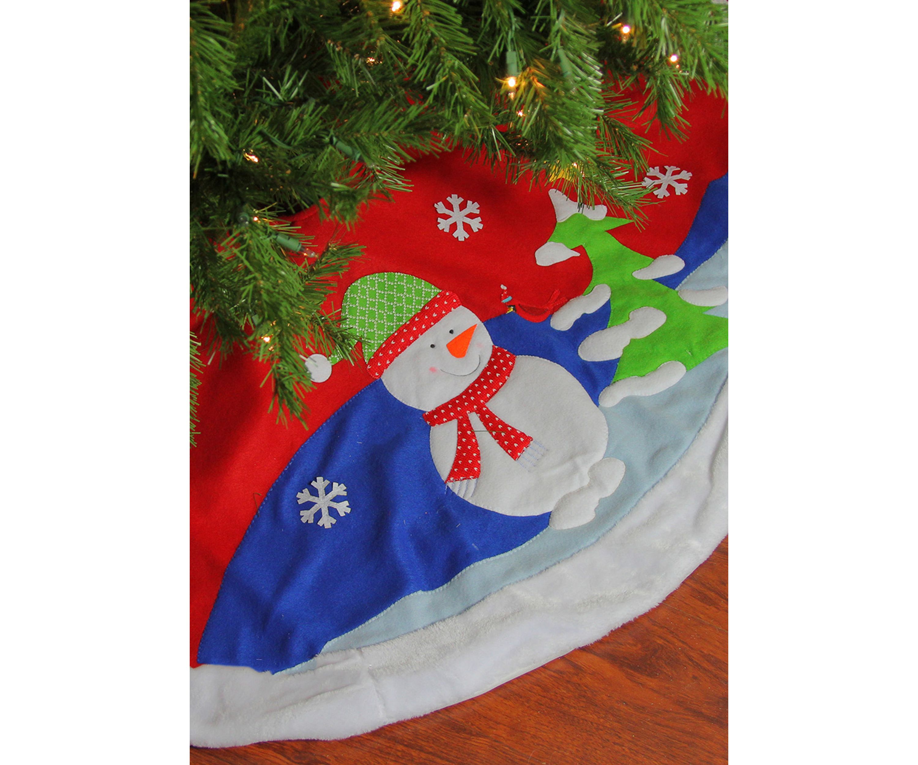 48Inch Red Fleece Christmas Snowman Winter Tree Skirt with White Faux Fur Trim