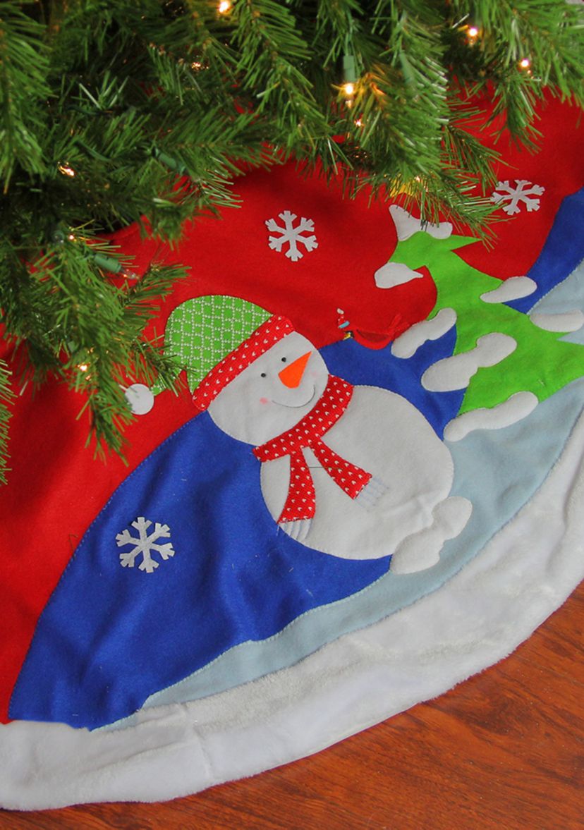 48Inch Red Fleece Christmas Snowman Winter Tree Skirt with White Faux Fur Trim