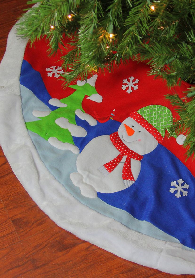 48Inch Red Fleece Christmas Snowman Winter Tree Skirt with White Faux Fur Trim