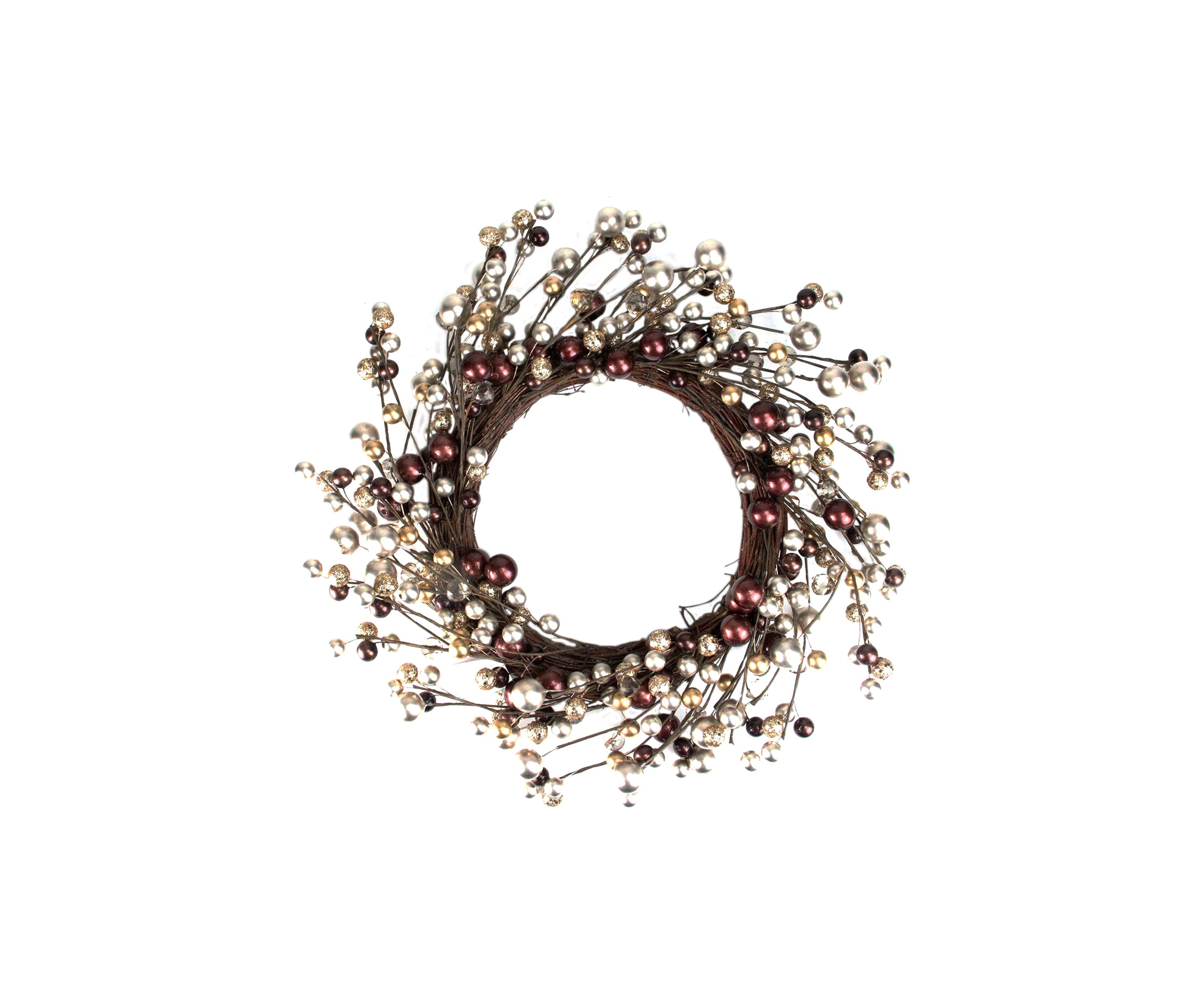 Burgundy and Silver Ball Christmas Ornament Twig Wreath  20-Inch  Unlit