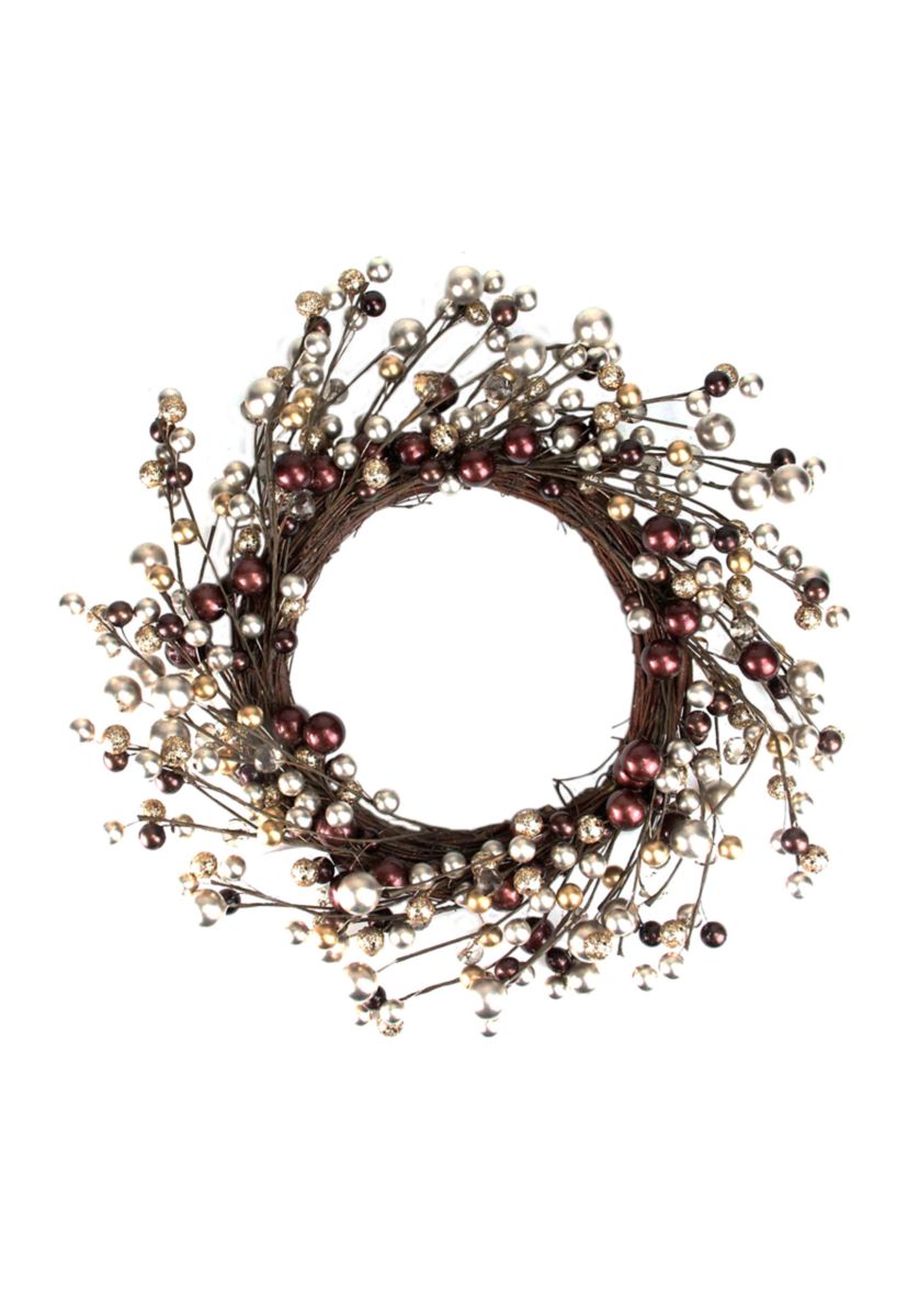 Burgundy and Silver Ball Christmas Ornament Twig Wreath  20-Inch  Unlit