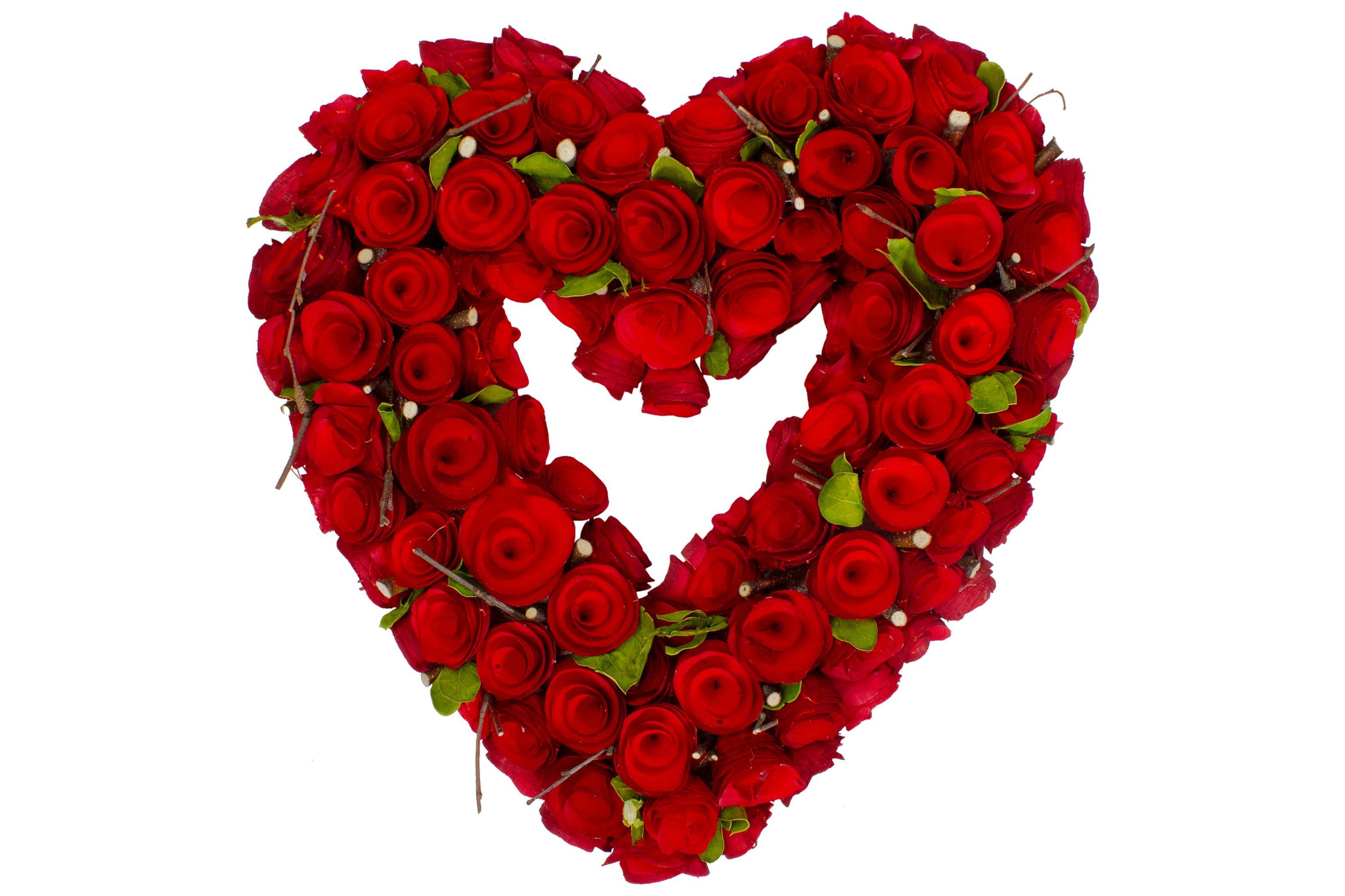 Red Wooden Rose Floral Heart Shaped Artificial Valentines Day Wreath  14-Inch