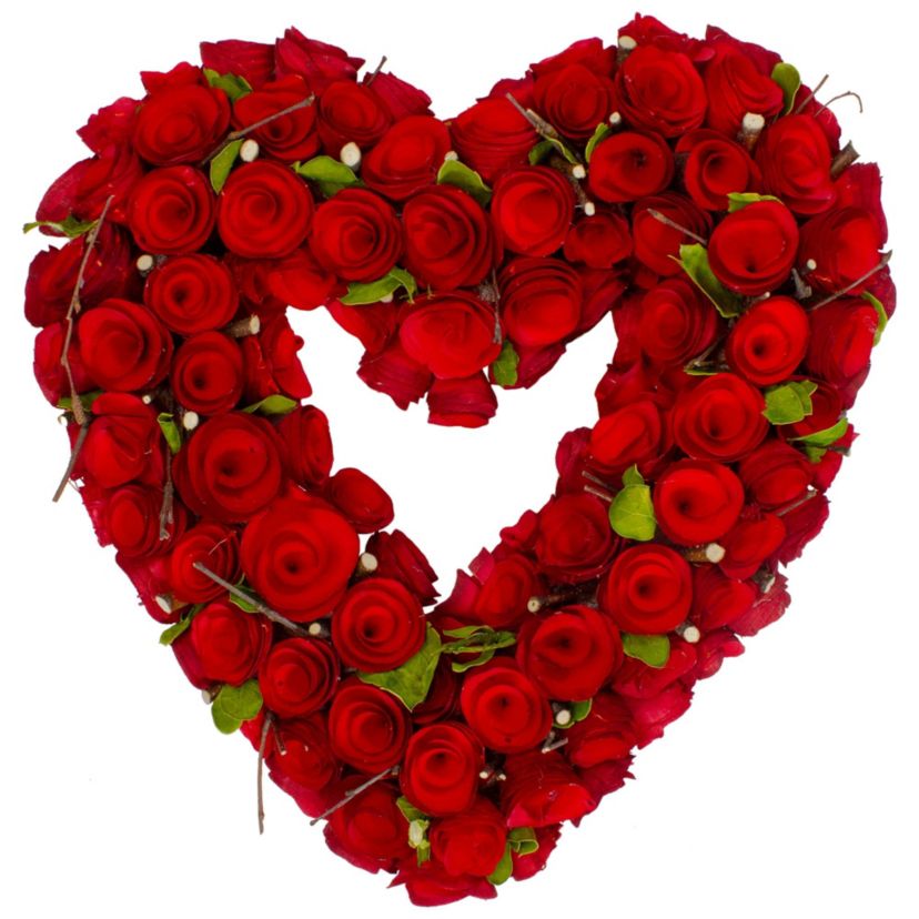 Red Wooden Rose Floral Heart Shaped Artificial Valentines Day Wreath  14-Inch