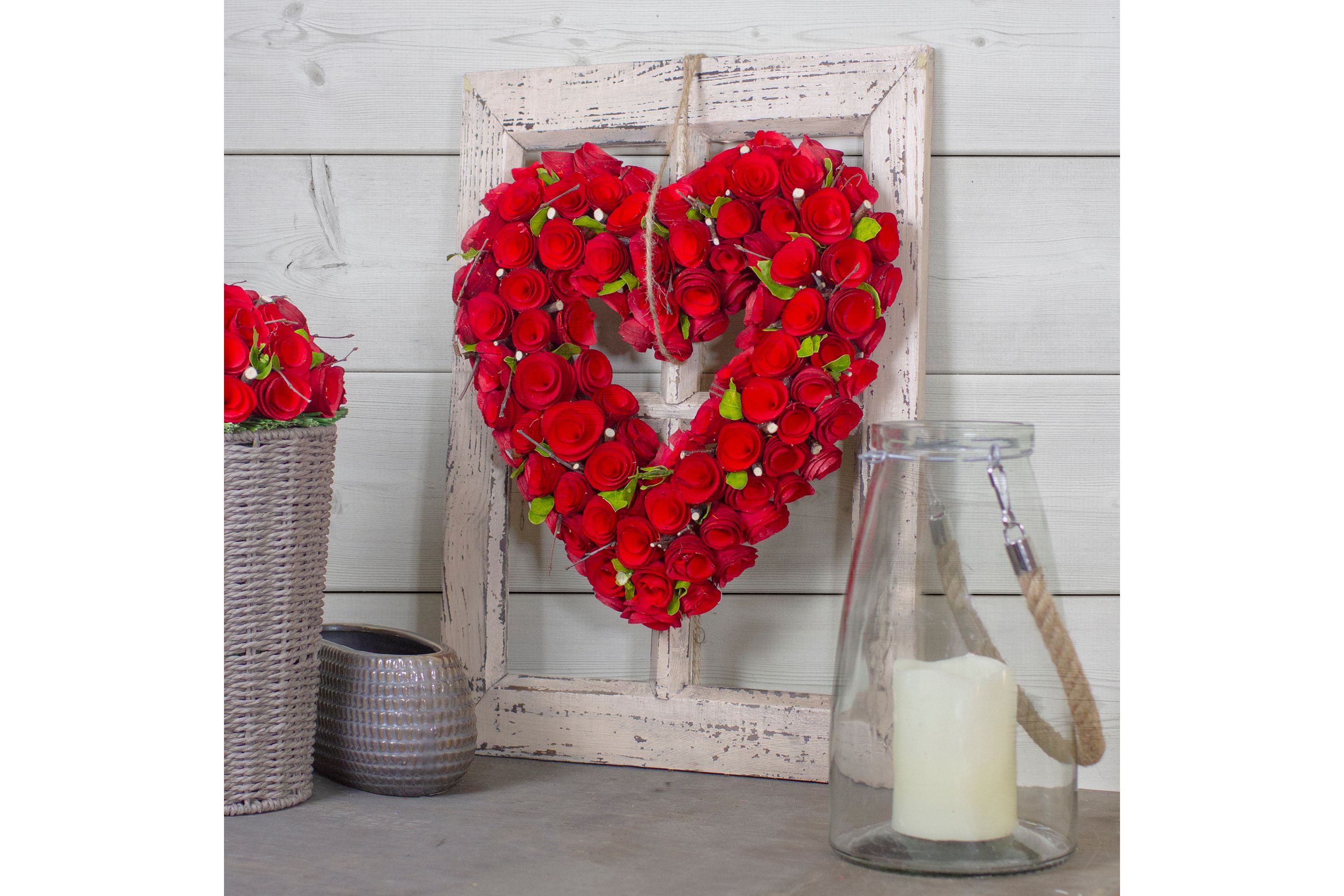 Red Wooden Rose Floral Heart Shaped Artificial Valentines Day Wreath  14-Inch