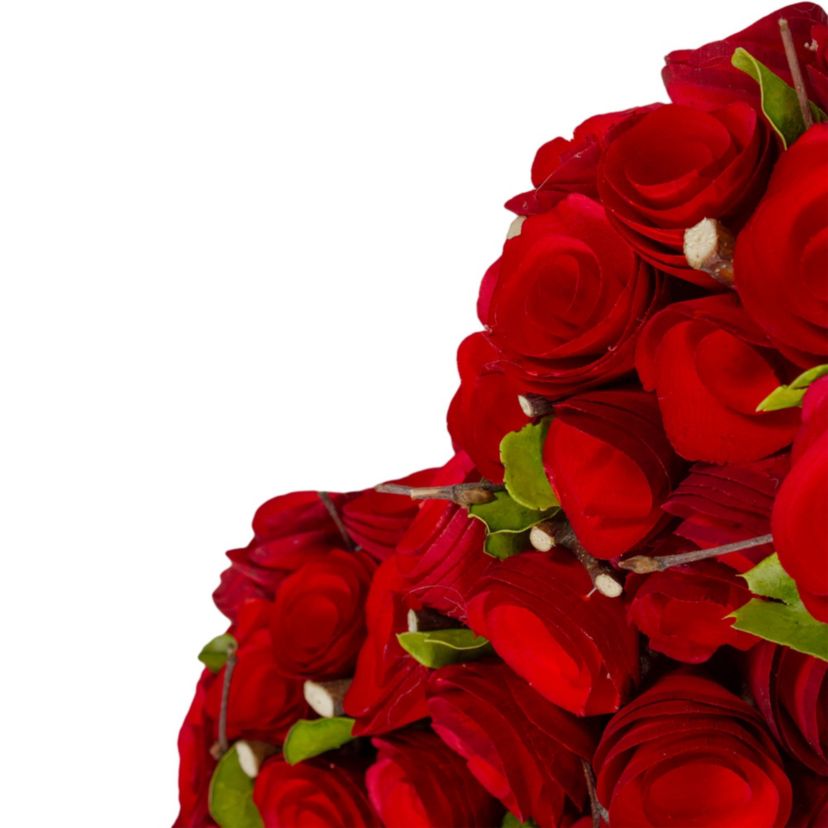 Red Wooden Rose Floral Heart Shaped Artificial Valentines Day Wreath  14-Inch