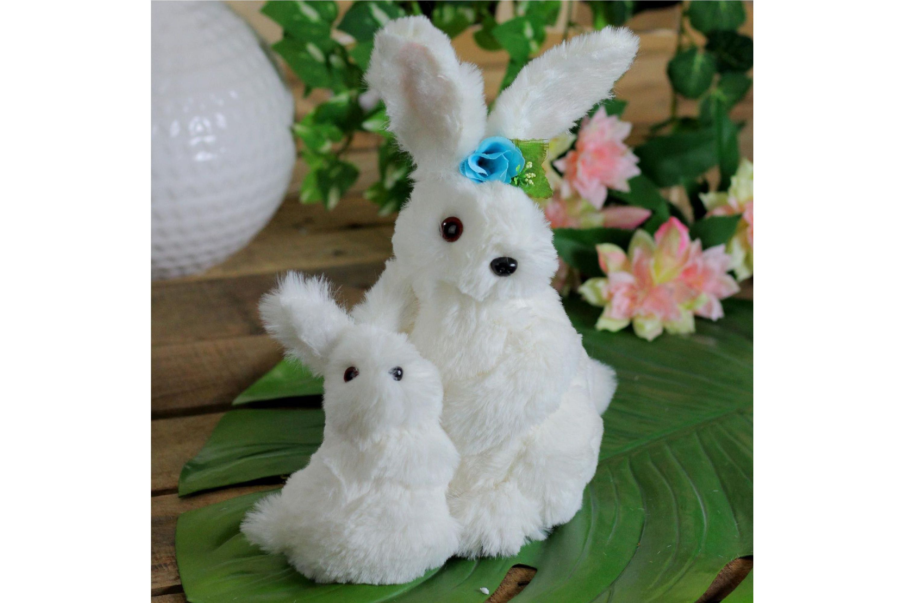 10" White Plush Standing Mother and Baby Easter Bunny Rabbit Spring Figure