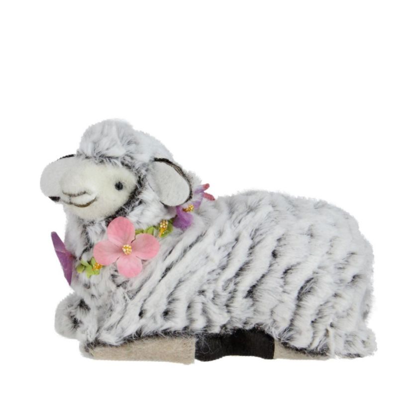 6.75" White and Brown Plush Kneeling Sheep Spring Easter Figure