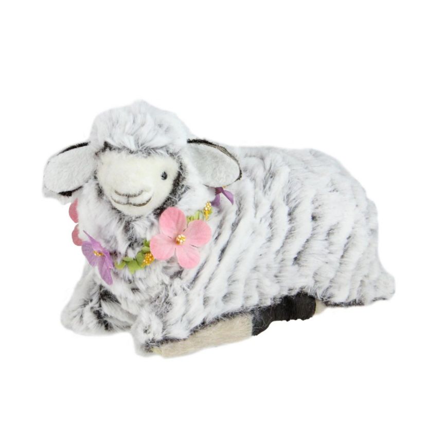 6.75" White and Brown Plush Kneeling Sheep Spring Easter Figure