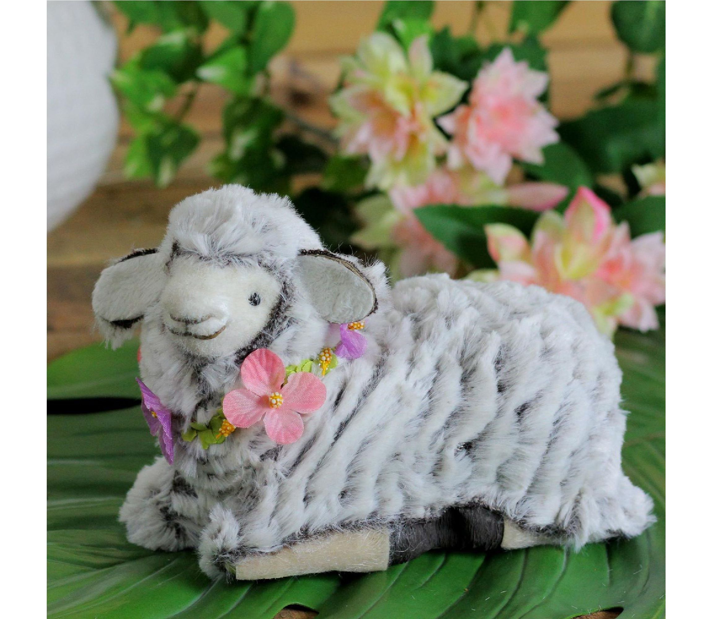 6.75" White and Brown Plush Kneeling Sheep Spring Easter Figure