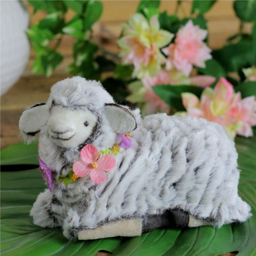 6.75" White and Brown Plush Kneeling Sheep Spring Easter Figure