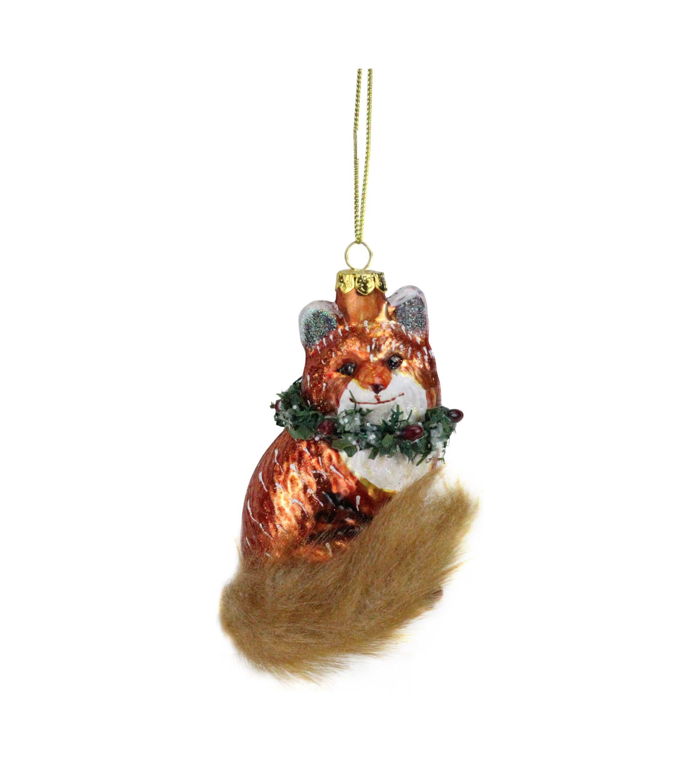 4.5Inch Brown and Green Fox with Faux Fur Tail and Wreath Christmas Ornament