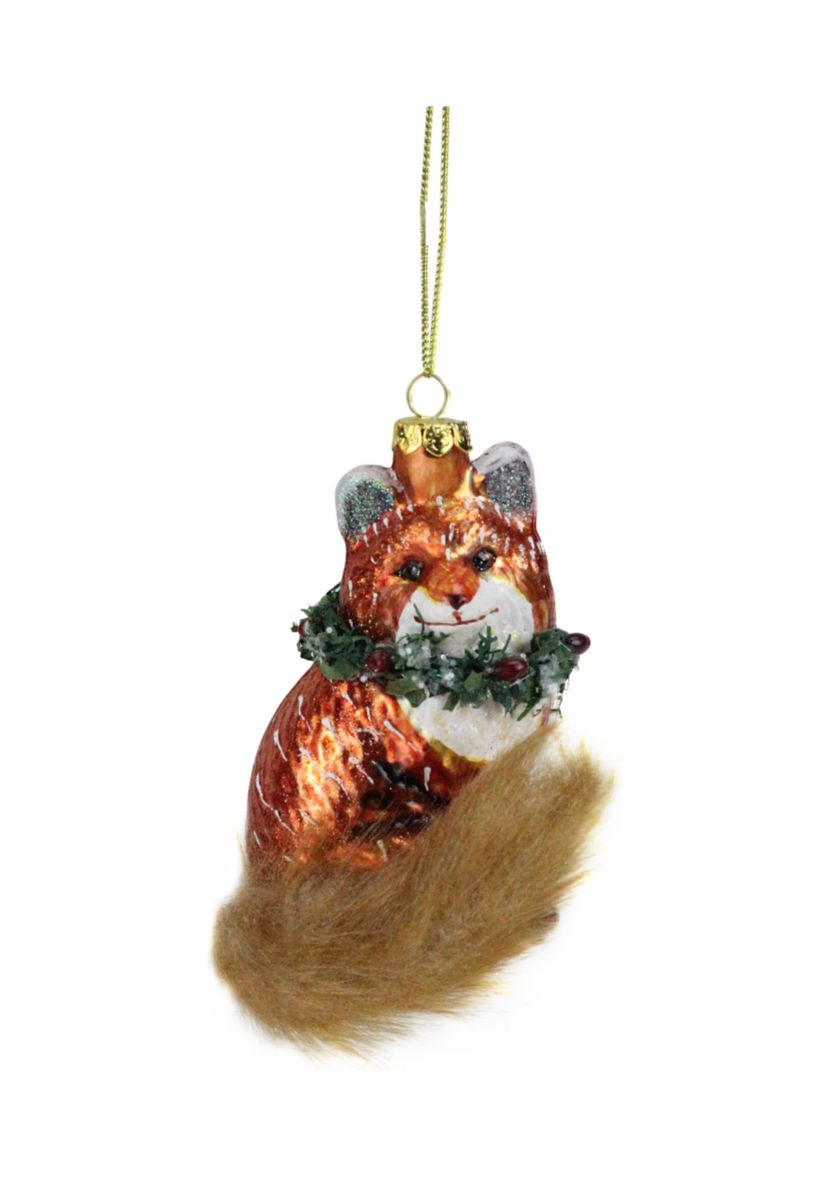 4.5Inch Brown and Green Fox with Faux Fur Tail and Wreath Christmas Ornament
