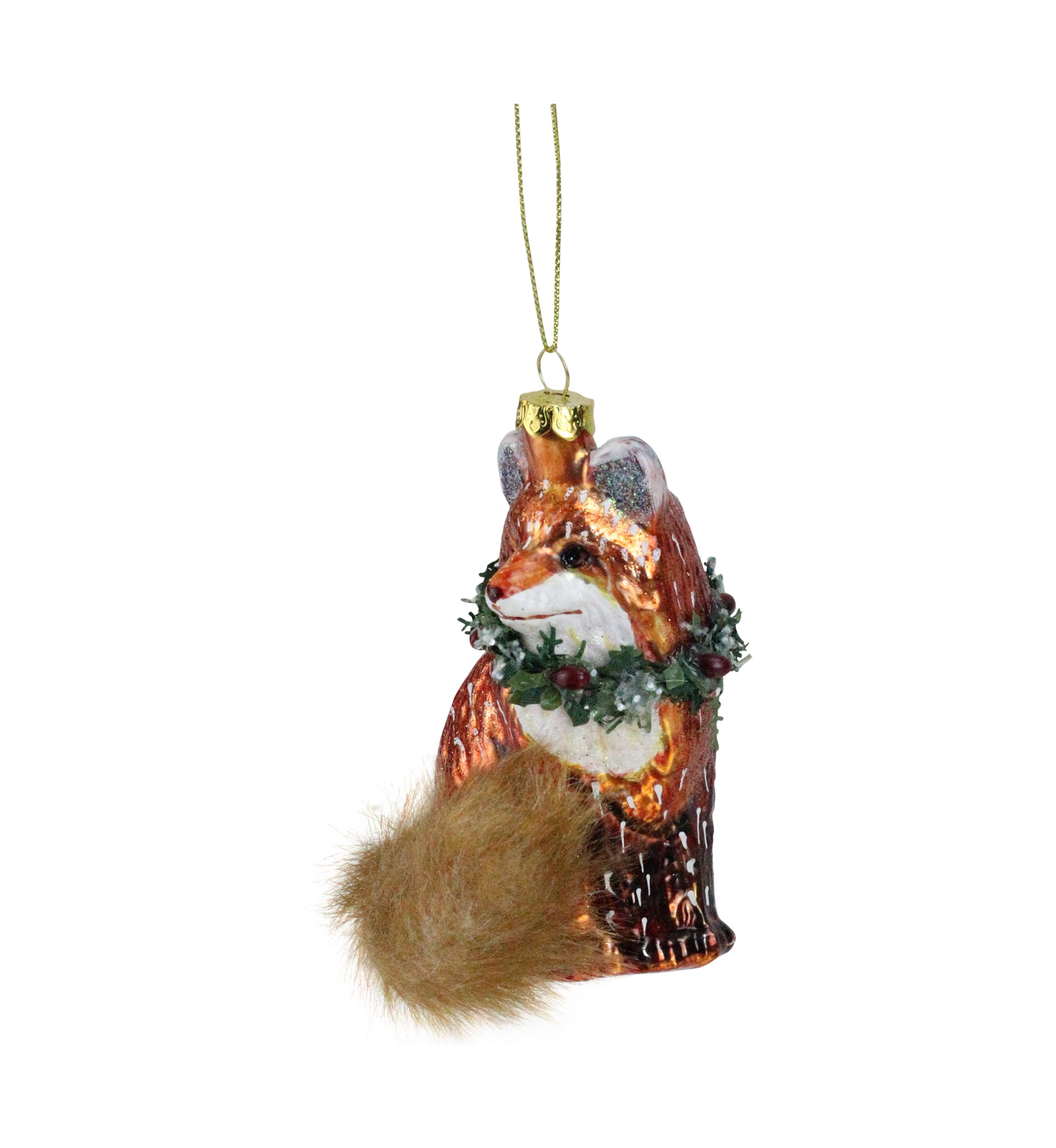 4.5Inch Brown and Green Fox with Faux Fur Tail and Wreath Christmas Ornament