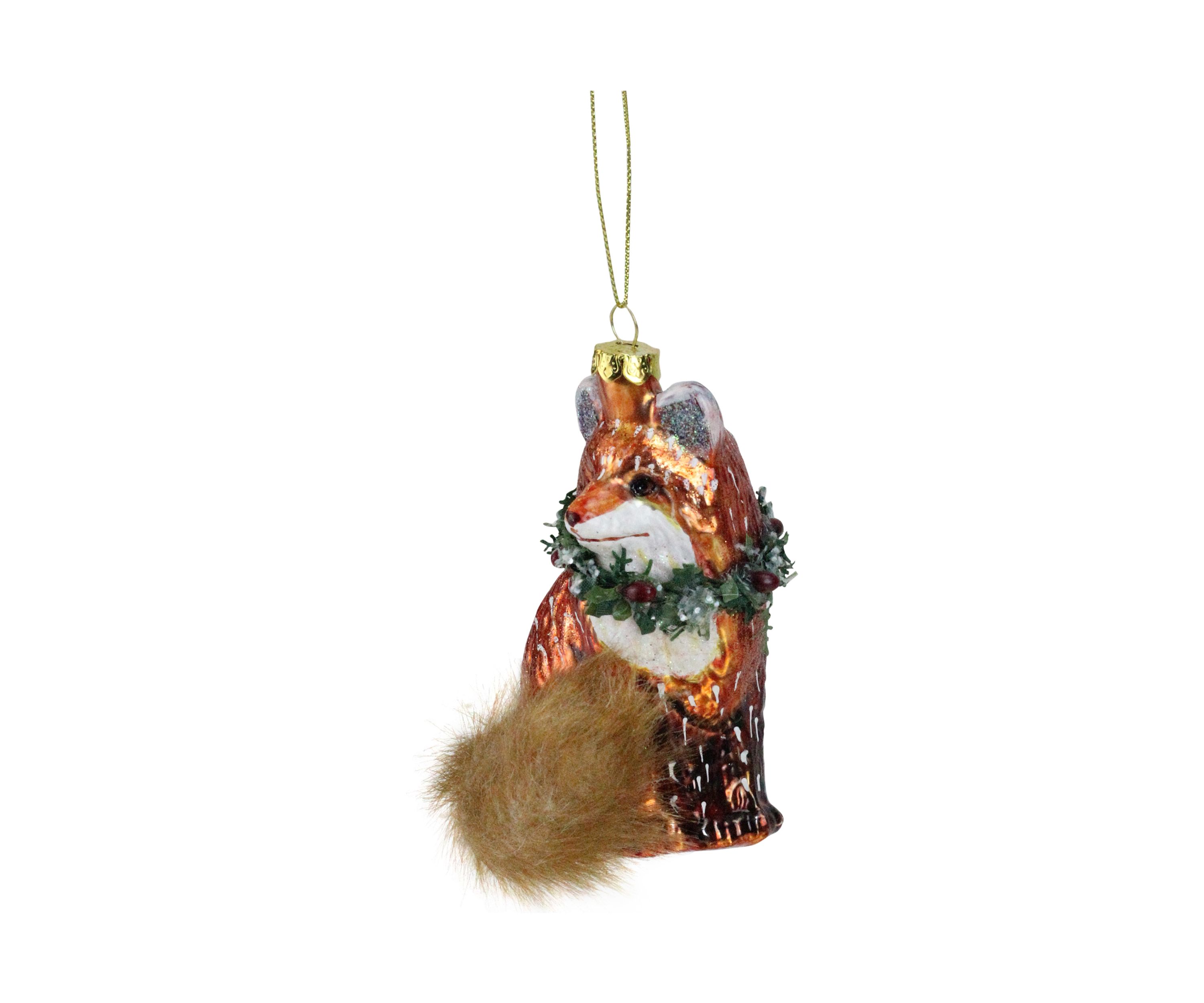 4.5Inch Brown and Green Fox with Faux Fur Tail and Wreath Christmas Ornament